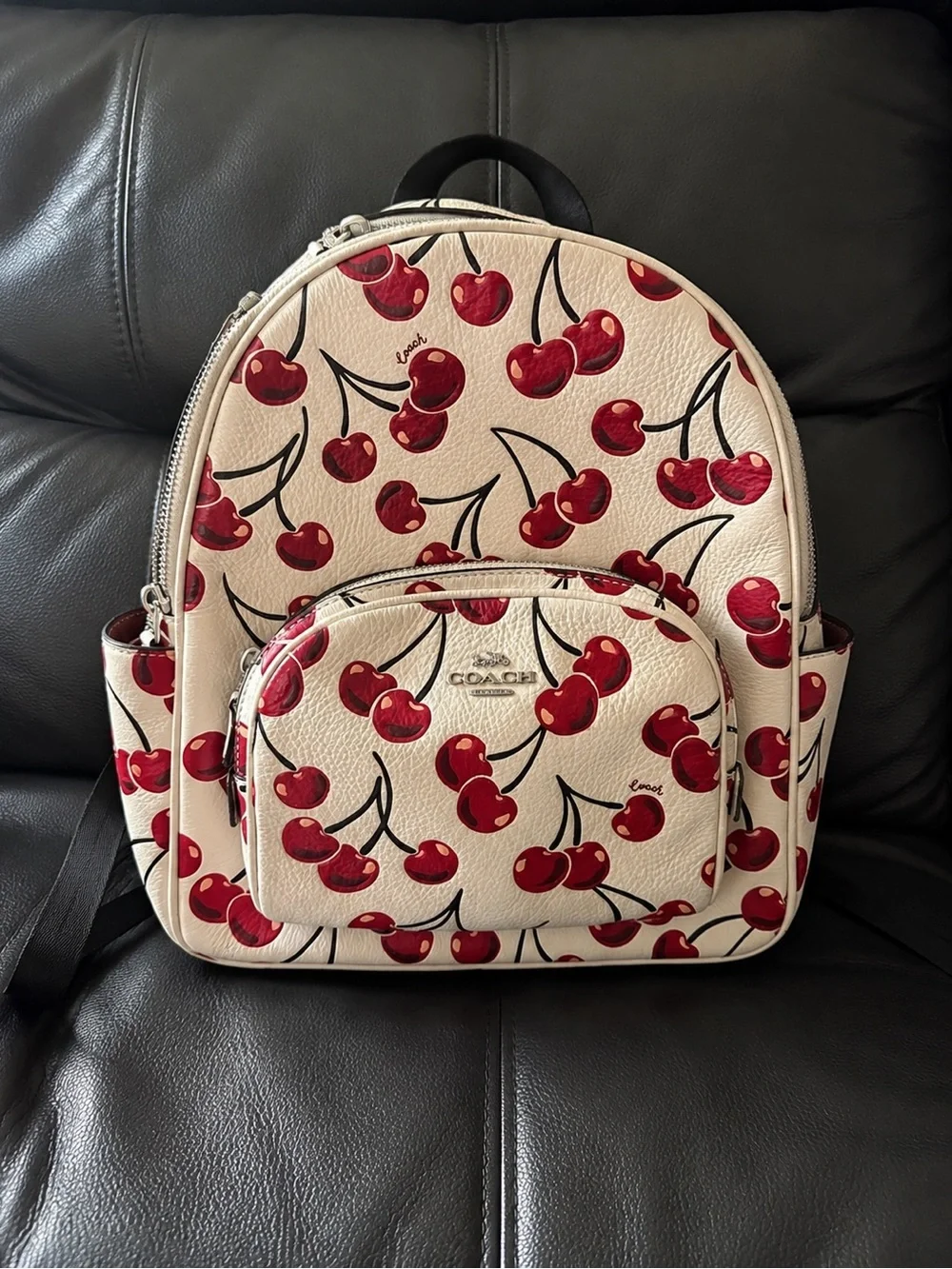 Coach Cherry-Print Backpack in Cream and Red Pebbled Leather CAA72